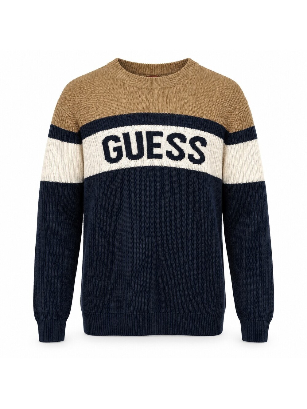 GUESS Men's M Logo Sweater Navy Tan Colorblock Wool Blend Preppy Streetwear